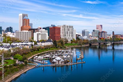 Boat harbor, Mariott Hotel and Willamette River viewed from above in Portland, Oregon