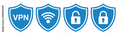 Cyber security shield icons illustration set, VPN wifi and lock symbols for data protection, privacy, encryption, and secure internet connection.