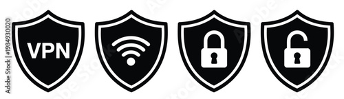 Security shield icons illustration set, VPN wifi and lock symbols for data protection, privacy, encryption, and secure internet connection.