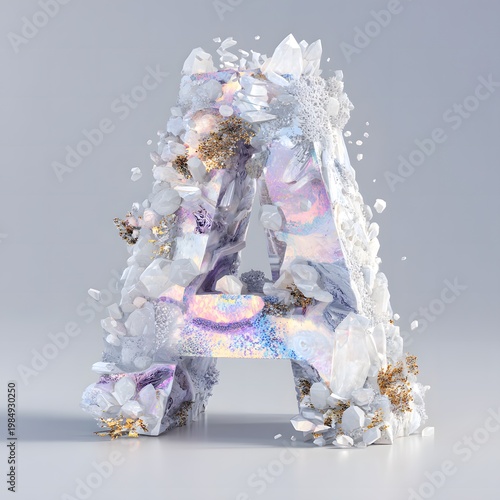Abstract luxury composition of the letter A adorned with crystals and gemstones, featuring iridescent surfaces and intricate details on a soft gray background