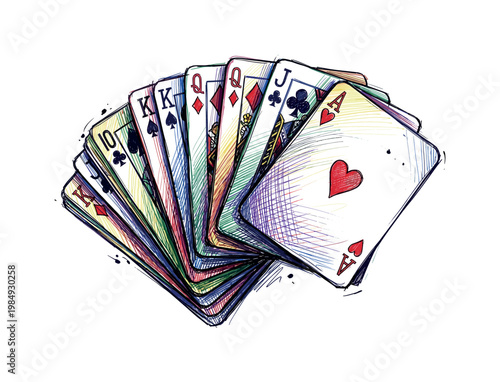 Colorful hand of playing cards fanned out, featuring Ace of Hearts and Kings