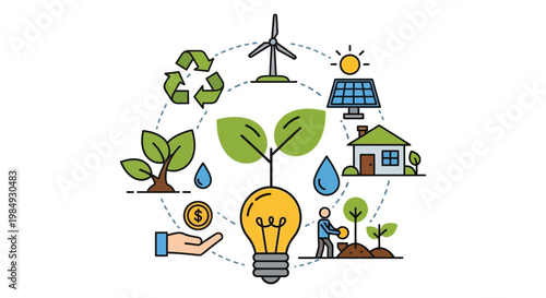 Colorful illustration depicting sustainable energy sources and environmental conservation featuring a prominent lightbulb silhouette high quality professional detailed modern elegant stylish