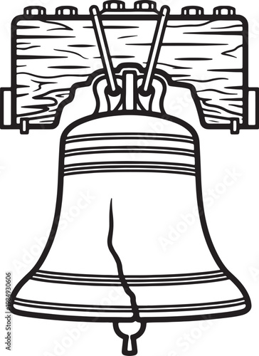 Black and white line of the liberty bell with a prominent crack and wooden yoke also transparent background