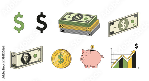Illustrative depiction of money wealth and financial growth represented through various dollar symbols and charts silhouette high quality professional detailed modern