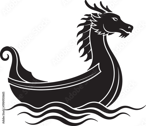 Black silhouette of a dragon-headed viking longship sailing on stylized waves also transparent background