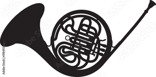 Black silhouette of a french horn, a brass musical instrument, on a white background, also transparent background