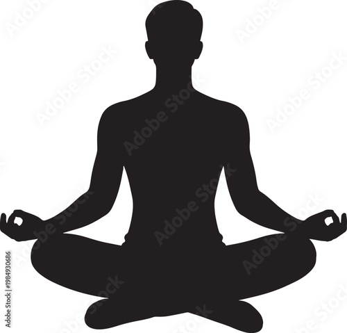 Black silhouette of a person meditating in a lotus position with mudra hand gestures on a white background, also transparent background