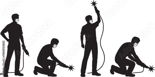 Silhouettes of four masked individuals performing welding tasks in various poses also transparent background