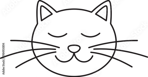Simple black line of a happy cat face with closed eyes and whiskers also transparent background feline