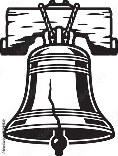 Stylized black and white of the liberty bell with a prominent crack and wooden yoke also transparent background
