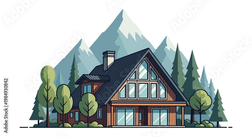 A charming cabin nestled against a mountainous backdrop rendered in a distinctive flat style silhouette high quality professional detailed modern elegant