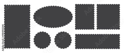 A collection of rectangles, circles, and ovals with zigzag edges. Vector black elements.
