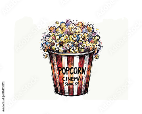 Hand-drawn overflowing bucket of popcorn with colorful kernels and striped container