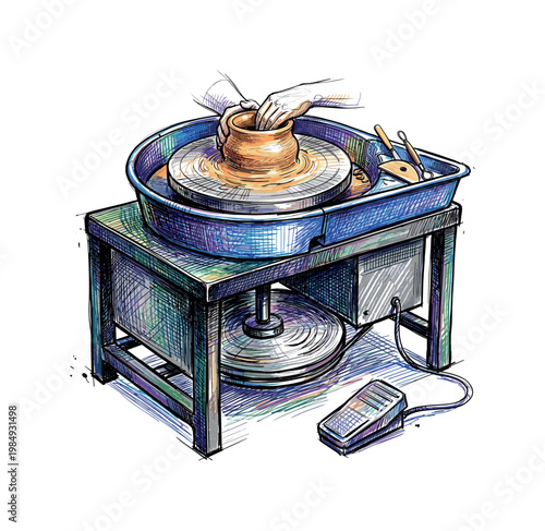 Artist's hands shaping clay on a pottery wheel with tools nearby