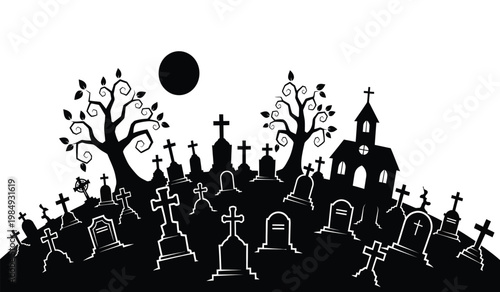 A spooky halloween graveyard scene unfolds with dark ominous trees headstones and a church all rendered as a striking silhouette high quality professional detailed