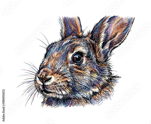 Vibrant, textured drawing of a rabbit's head with colorful, sketchy lines