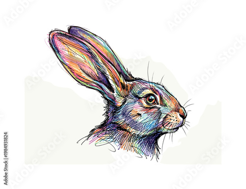 Vibrant rabbit profile illustration with colorful hatching and crosshatching detail