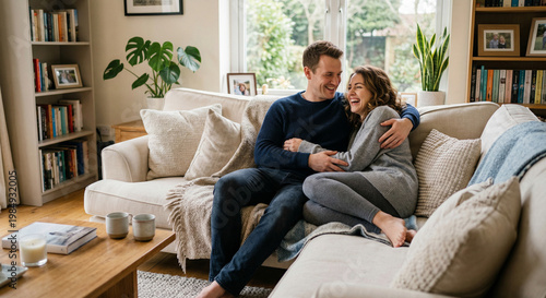 A man and woman in a cozy living room sharing a laugh while sitting on a couch.