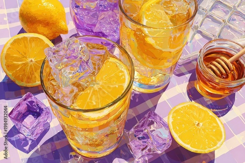 Deconstructed lemonade flat illustration featuring vibrant lemon slices, ice cubes, honey dipper, and pastel gingham background with refreshing summer vibes and bright colors