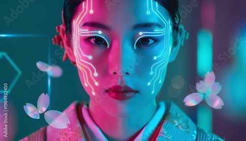 Futuristic portrait of a Japanese woman in traditional kimono with glowing circuit board patterns on her face and sakura petals in neon light