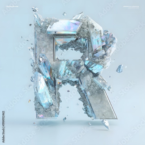Abstract luxury composition of the letter R, featuring crystalline structures and shattered glass elements against a soft blue background