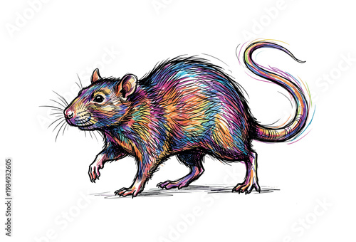 Vibrant, colorful rat illustration with a playful, swirling tail and detailed fur texture