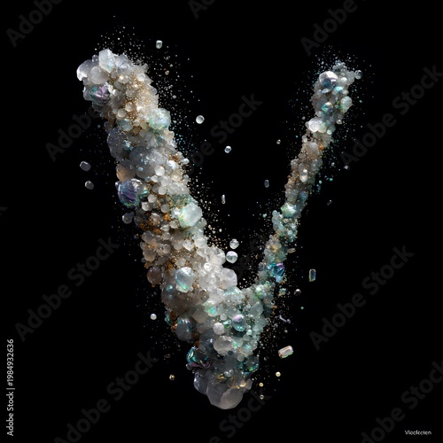 Abstract luxury composition of the letter V created with sparkling gemstones and crystals on a black background, emphasizing elegance and sophistication in design