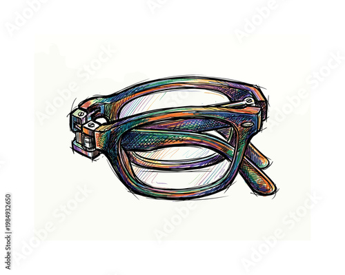 Colorful sketch of folded eyeglasses with a vibrant, artistic design