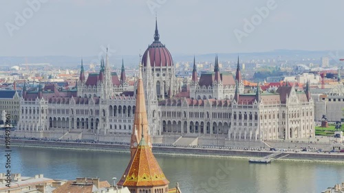 Aerial 4K video footage of Hungarian Parliament and Budapest architecture, stunning historic building from above, European cityscape, iconic landmark 