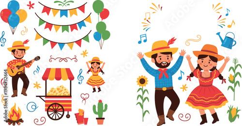 Festa Junina Brazilian Festival Vector Set with Dancing Couple, Guitar Player, Food Cart, Bonfire, Balloons, and Bunting Decorations