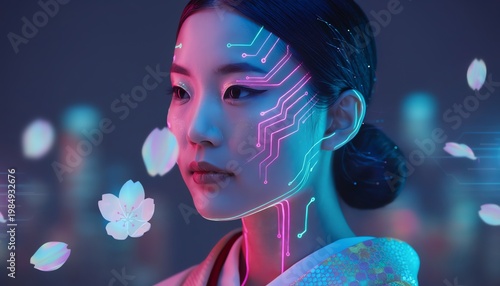 Futuristic portrait of a Japanese woman in traditional kimono with glowing circuit board patterns on her face and sakura petals in neon light