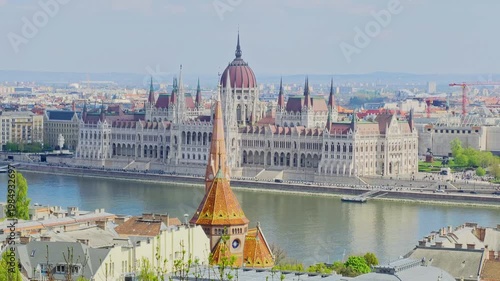 Aerial 4K video footage of Hungarian Parliament and Budapest architecture, stunning historic building from above, European cityscape, iconic landmark 