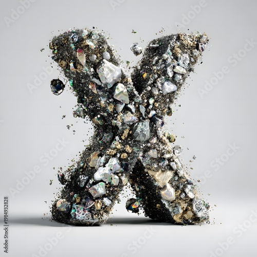 Abstract luxury composition of the letter X made from sparkling gemstones and crystals, set against a smooth gray background highlighting its intricate details