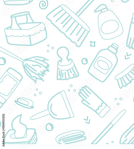Seamless pattern with light blue outline cleaning supplies a doodle illustration 