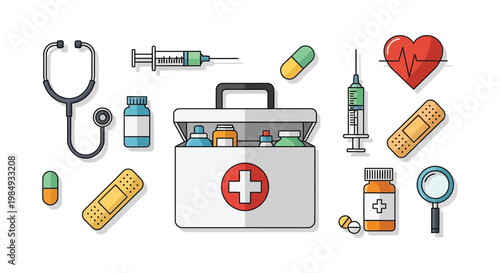 A colorful illustration depicting various medical supplies and equipment arranged on a white background silhouette high quality professional detailed modern elegant