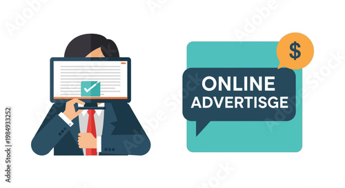 A businessperson obscures their face with a tablet displaying a checkmark representing online advertising success silhouette high quality professional detailed modern