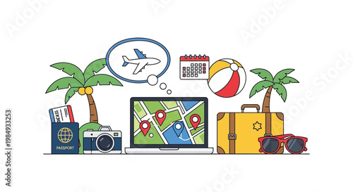 A colorful illustration depicts travel planning with a laptop beach items and a plane forming a distinct silhouette high quality professional