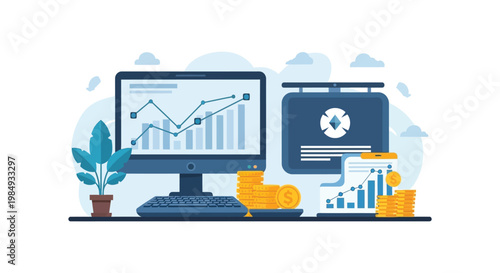 A modern illustration depicts financial growth with a computer coins and graphs in a flat design silhouette high quality professional detailed