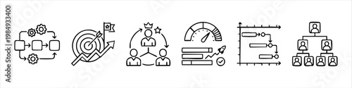 Hand-Drawn Business Icons Set for Management, Strategy, and Project Planning Featuring Workflow, Targets, Leadership, Performance, Gantt Charts, and Organizational Structure