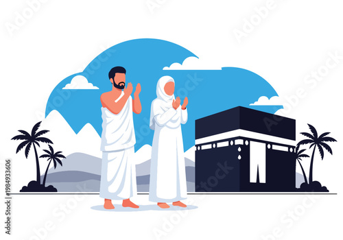 Flat style vector illustration of Hajj pilgrimage with Muslim couple praying near Kaaba in Mecca, representing devotion, worship, spiritual journey, and sacred Islamic ritual during Hajj