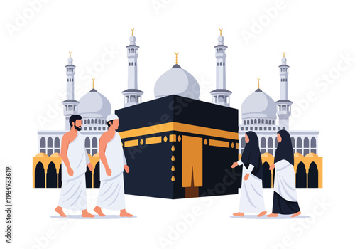 Flat style vector illustration of Hajj pilgrimage showing Muslim pilgrims performing tawaf around Kaaba, symbolizing unity, devotion, faith, and sacred Islamic worship ritual in Mecca