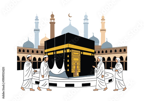 Flat style vector illustration of Hajj pilgrimage showing Muslim pilgrims performing tawaf around Kaaba, symbolizing unity, devotion, faith, and sacred Islamic worship ritual in Mecca