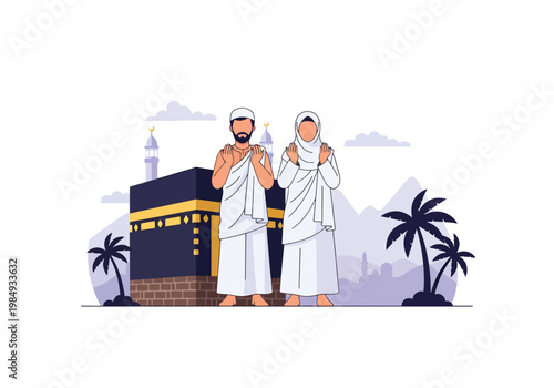 Flat style vector illustration of Hajj pilgrimage with Muslim couple praying near Kaaba in Mecca, representing devotion, worship, spiritual journey, and sacred Islamic ritual during Hajj