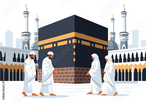 Flat style vector illustration of Hajj pilgrimage showing Muslim pilgrims performing tawaf around Kaaba, symbolizing unity, devotion, faith, and sacred Islamic worship ritual in Mecca
