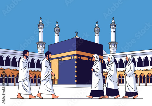 Flat style vector illustration of Hajj pilgrimage showing Muslim pilgrims performing tawaf around Kaaba, symbolizing unity, devotion, faith, and sacred Islamic worship ritual in Mecca