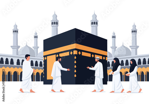 Flat style vector illustration of Hajj pilgrimage showing Muslim pilgrims performing tawaf around Kaaba, symbolizing unity, devotion, faith, and sacred Islamic worship ritual in Mecca