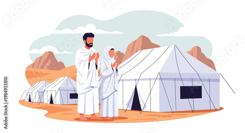 Flat style vector illustration of Hajj pilgrimage with Muslim pilgrims praying in Mina tent city, representing devotion, spiritual journey, and important Islamic ritual during Hajj season