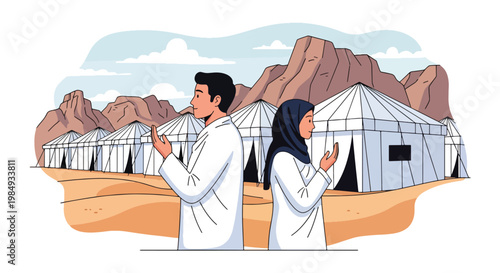 Flat style vector illustration of Hajj pilgrimage with Muslim pilgrims praying in Mina tent city, representing devotion, spiritual journey, and important Islamic ritual during Hajj season