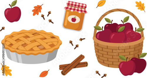 Autumn Apple Harvest Illustration Set with Pie, Jam Jar, Basket of Fresh Apples, Cinnamon Sticks, and Fall Leaves in Flat Vector Style