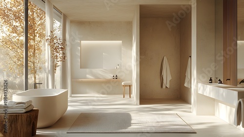 Bright spa style bathroom with woven decor and plants banner